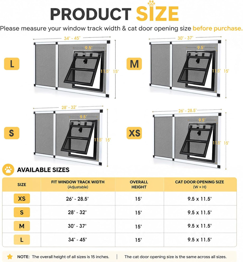 Bug-Proof Screen Cat Door for Window,Fits 30'' - 37'' Adjust Width Window