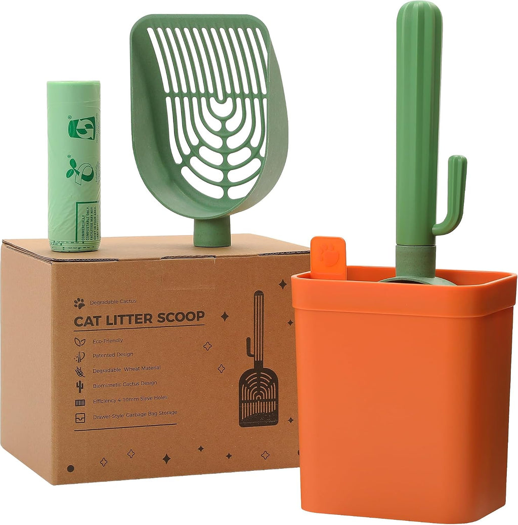 Cactus Cat Litter Scoop with Holder, 3 Replaceable Shovels, Green