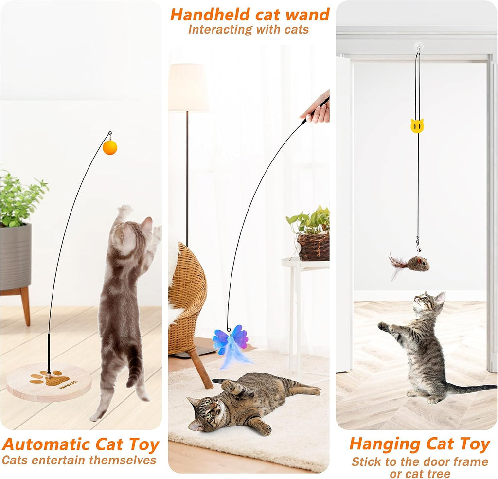 JXFUKAL Interactive cat Toy, Automatic Cat Wand Toy with Stable Wooden Base, 2 PCS Detachable Cat Teaser, 5PCS Refills R