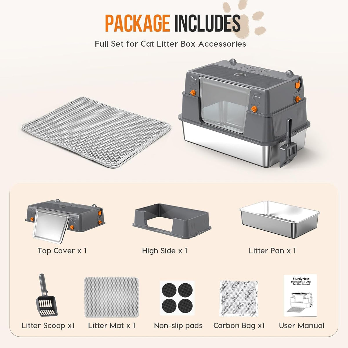 Stainless Steel Litter Box with Lid,135° Flip-Top Lid Litter Box