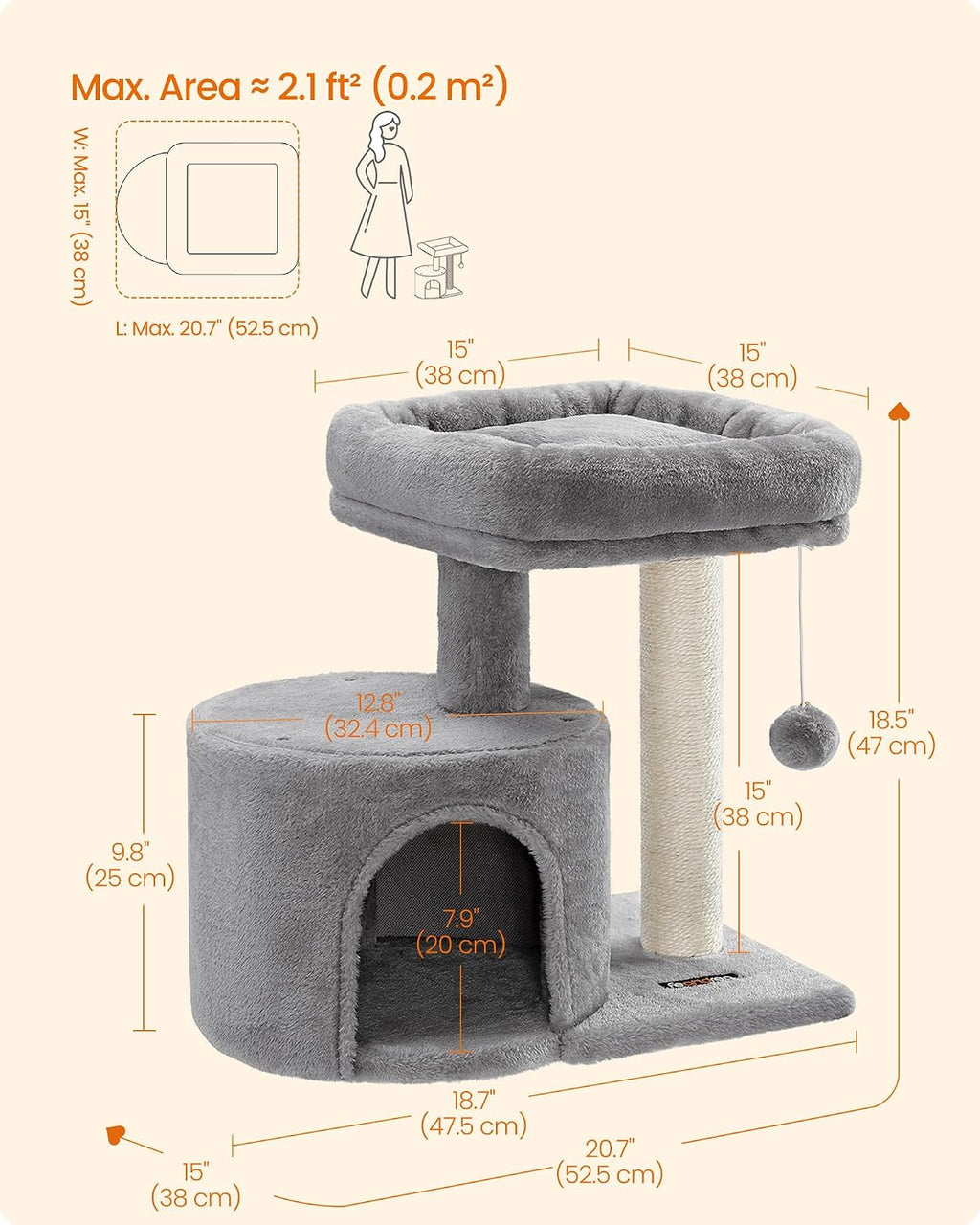 Feandrea Cat Tree, 18.5-in Small Cat Tower, Cute Kittens Condo, Light Gray
