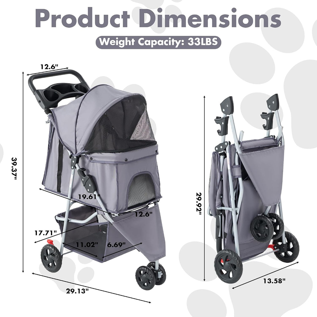 DUMOS 3 Wheels Pet Stroller for Small Dogs and Cats, Foldable