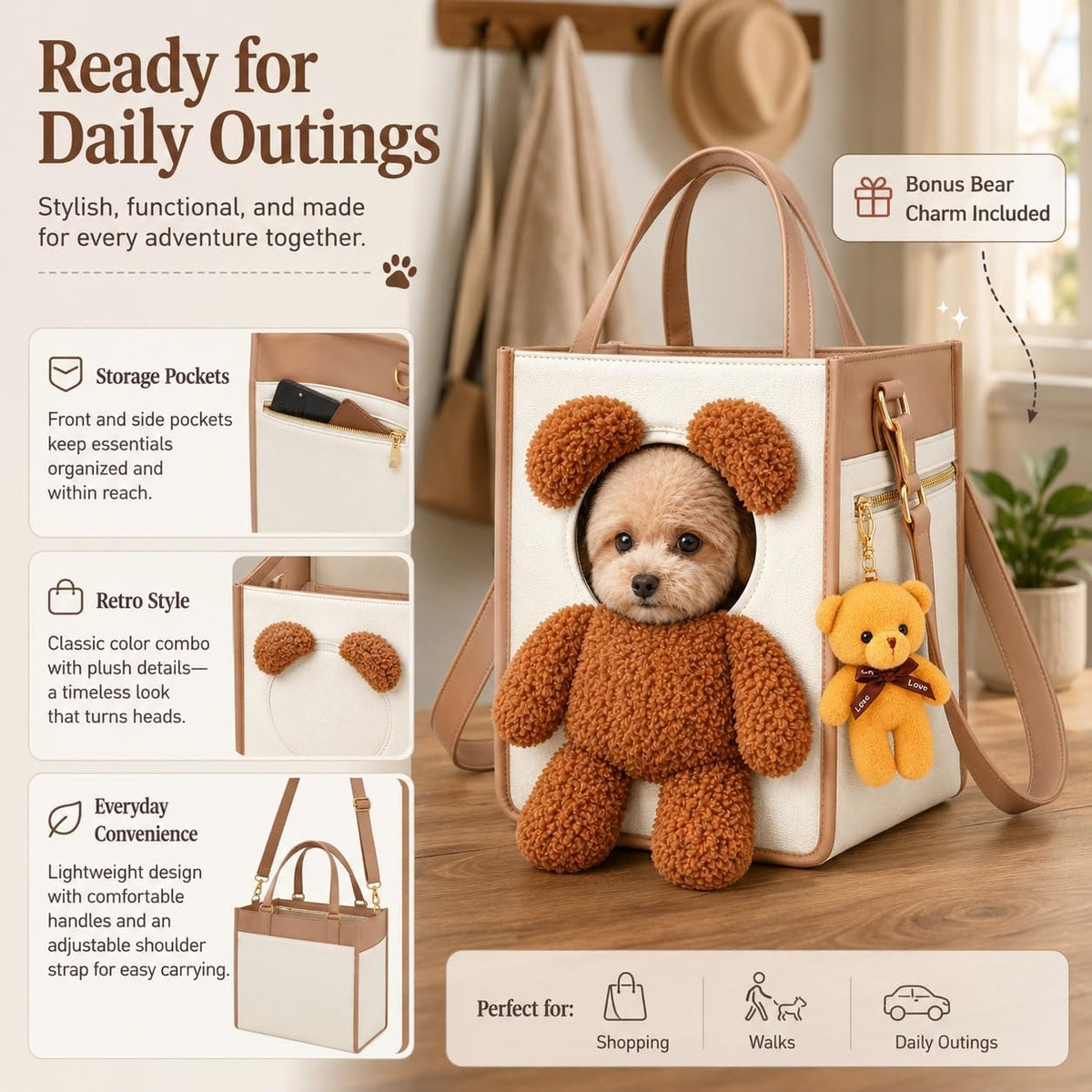 Teddy Bear Dog Carrier Bag，M
