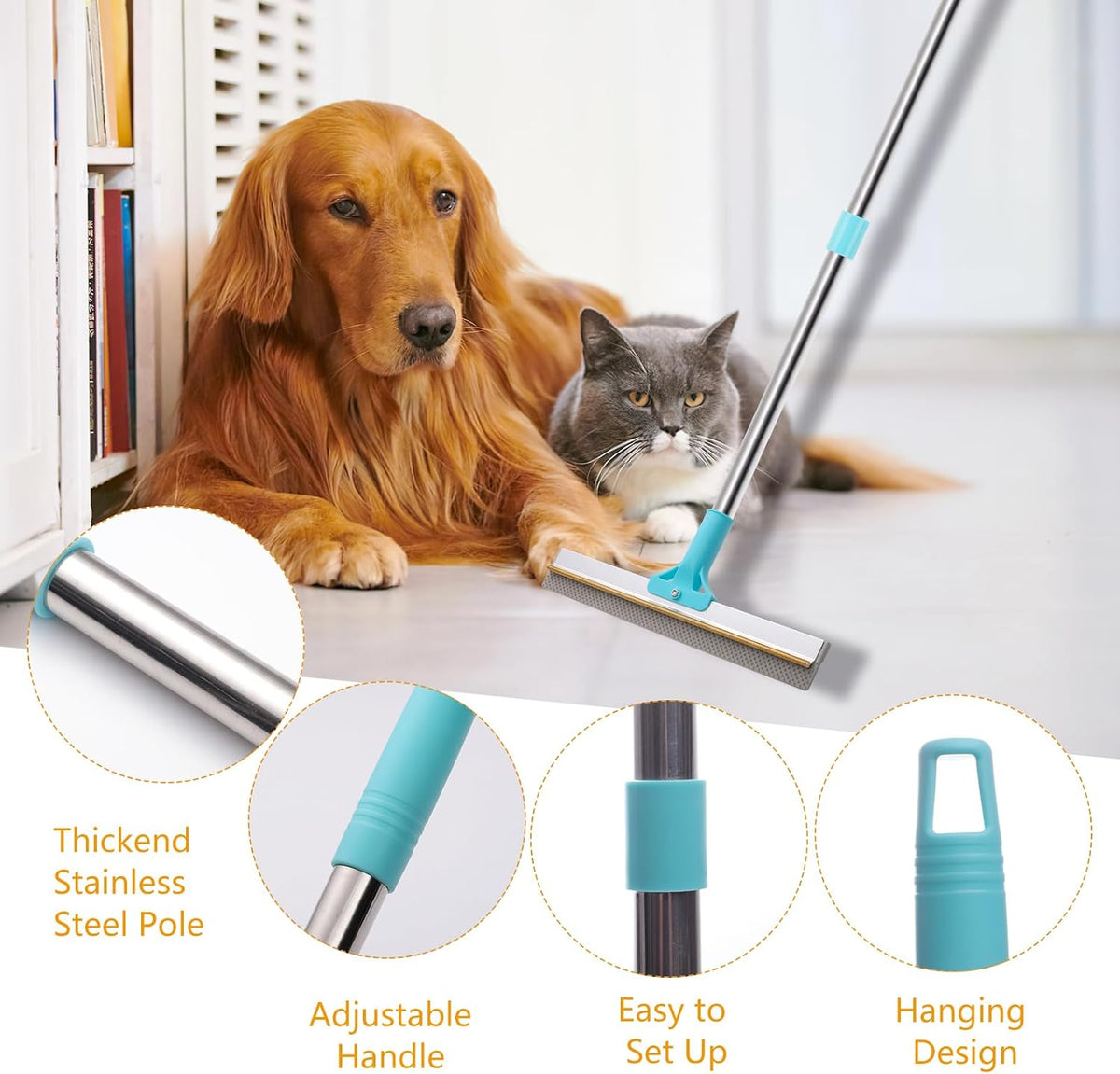 2-in-1 Carpet Rake for Pet Hair, 54" Adjustable Handle