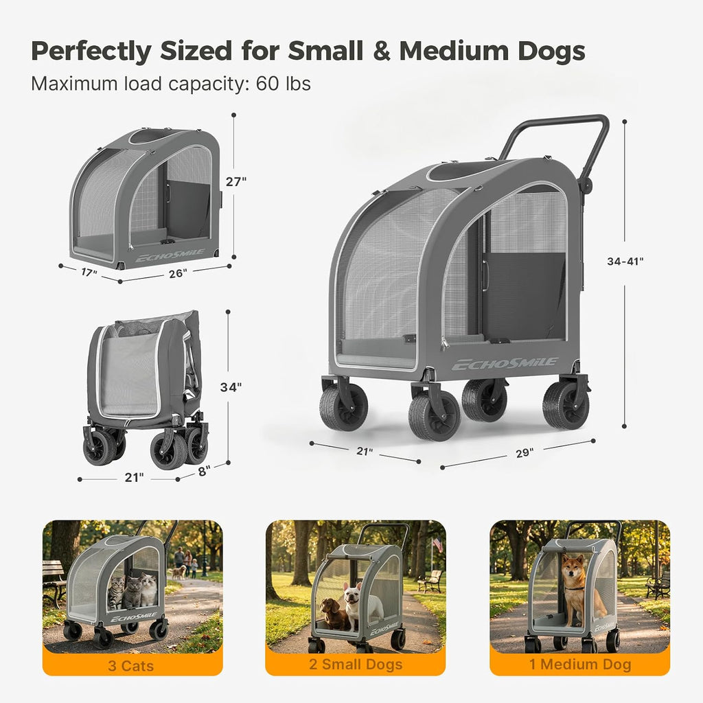 EchoSmile 4-Wheel Pet Stroller for Dogs & Cats, Up to 135 lbs, Grey
