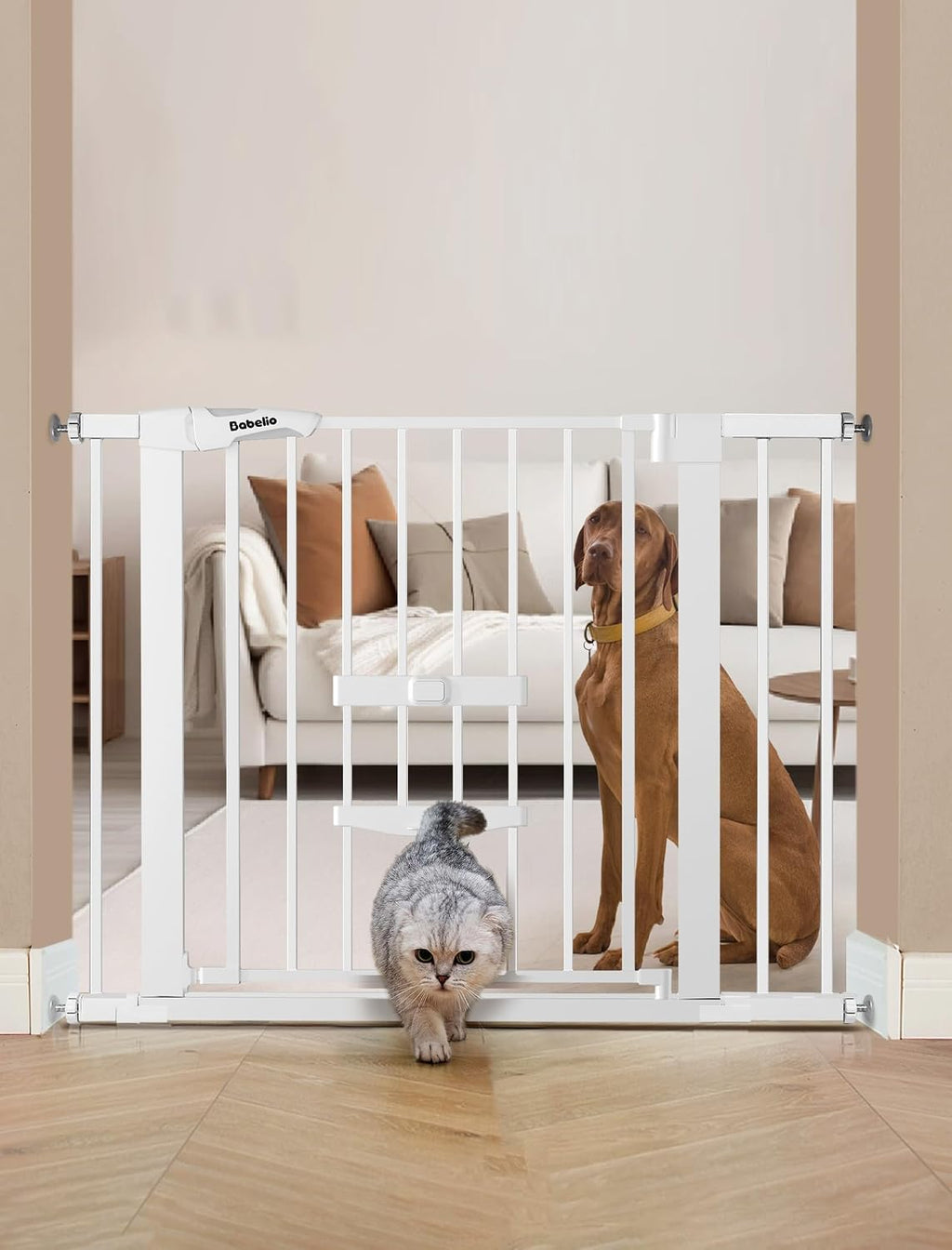 Babelio Dog Gate with Cat Door, CatPrivilege II, 29-40", White