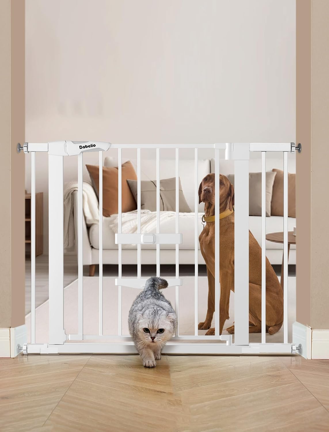 Babelio Dog Gate with Cat Door, CatPrivilege II, 29-40", White