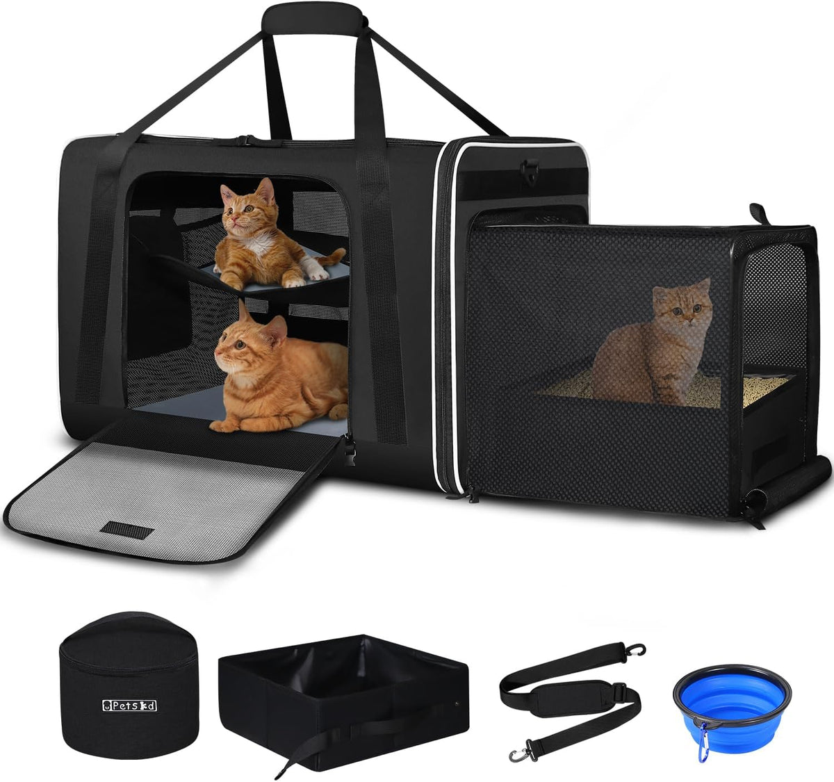 Side Expandable Extra Large Soft Cat Carrier with Litter Box, Black