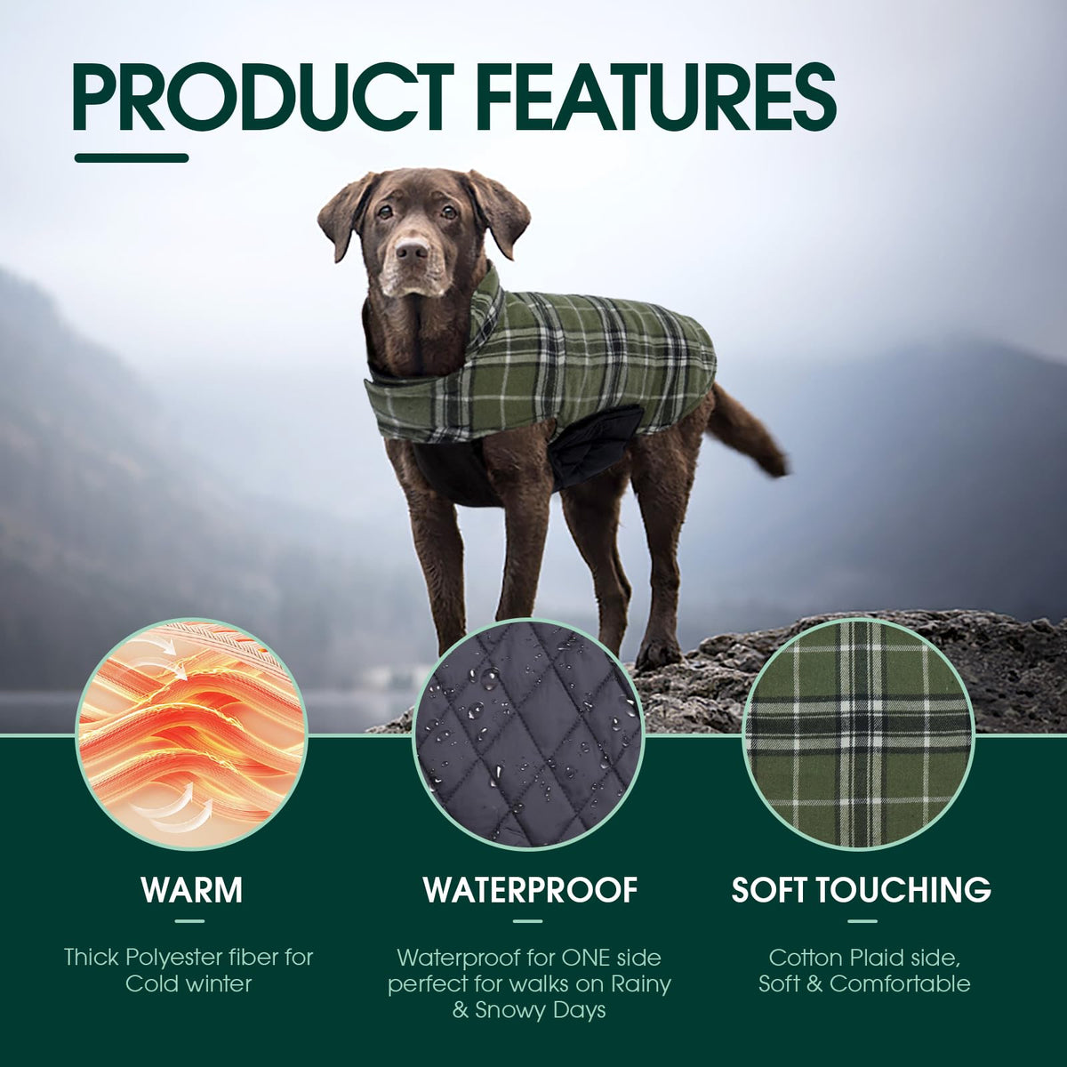 Kuoser Waterproof Dog Coat, Warm Reversible Dog Jacket with Leash Hole
