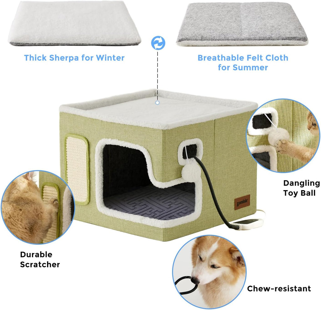 Heated Cat House Bed for Indoor Cats, Cat Hideway Cube for Sleeping
