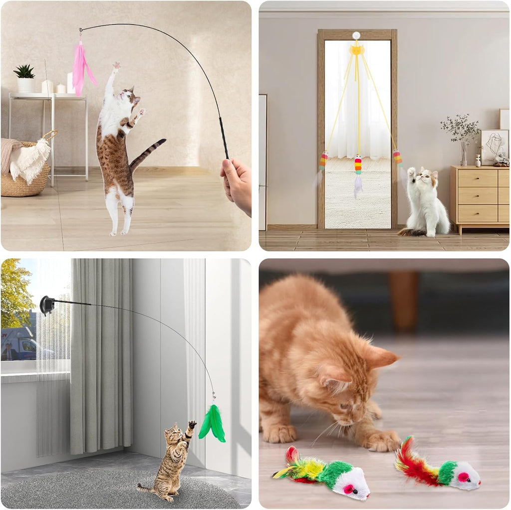 Cat Wand Toy, 15 Pcs Interactive Cat Feather Toys for Indoor Self Play & Exercise, 2 Play Modes Kitten Teaser Wand, Reus