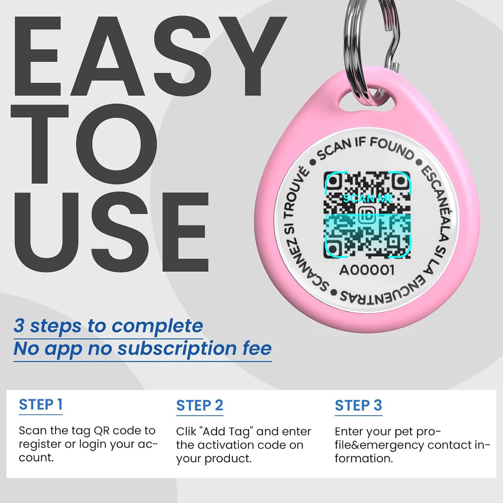 QR Code Cat Tags Personalized Small, Real-time Alerts, Pink