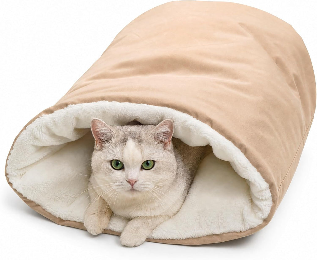 Cat Sleeping Bag Cave Bed Self Warming Heated Cat Bed Cozy Enclosed Cat Cave for Indoor & Outdoor Cats, Fluffy Warm Burr