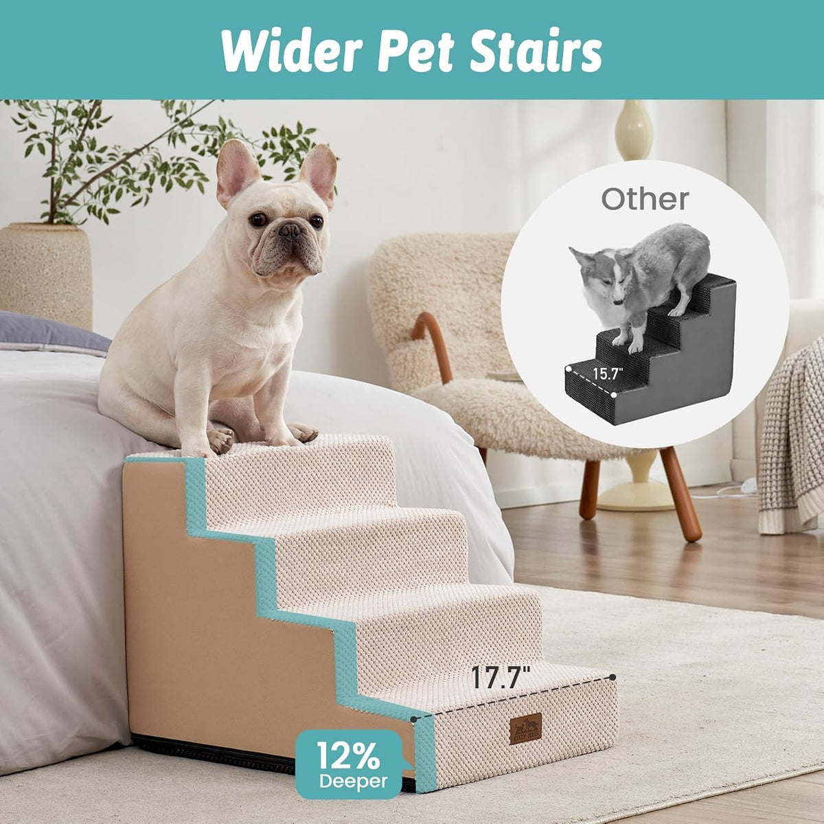 COZY KISS Dog Stairs for Small Dogs, 4 Step Pet Stairs for Beds & Couches