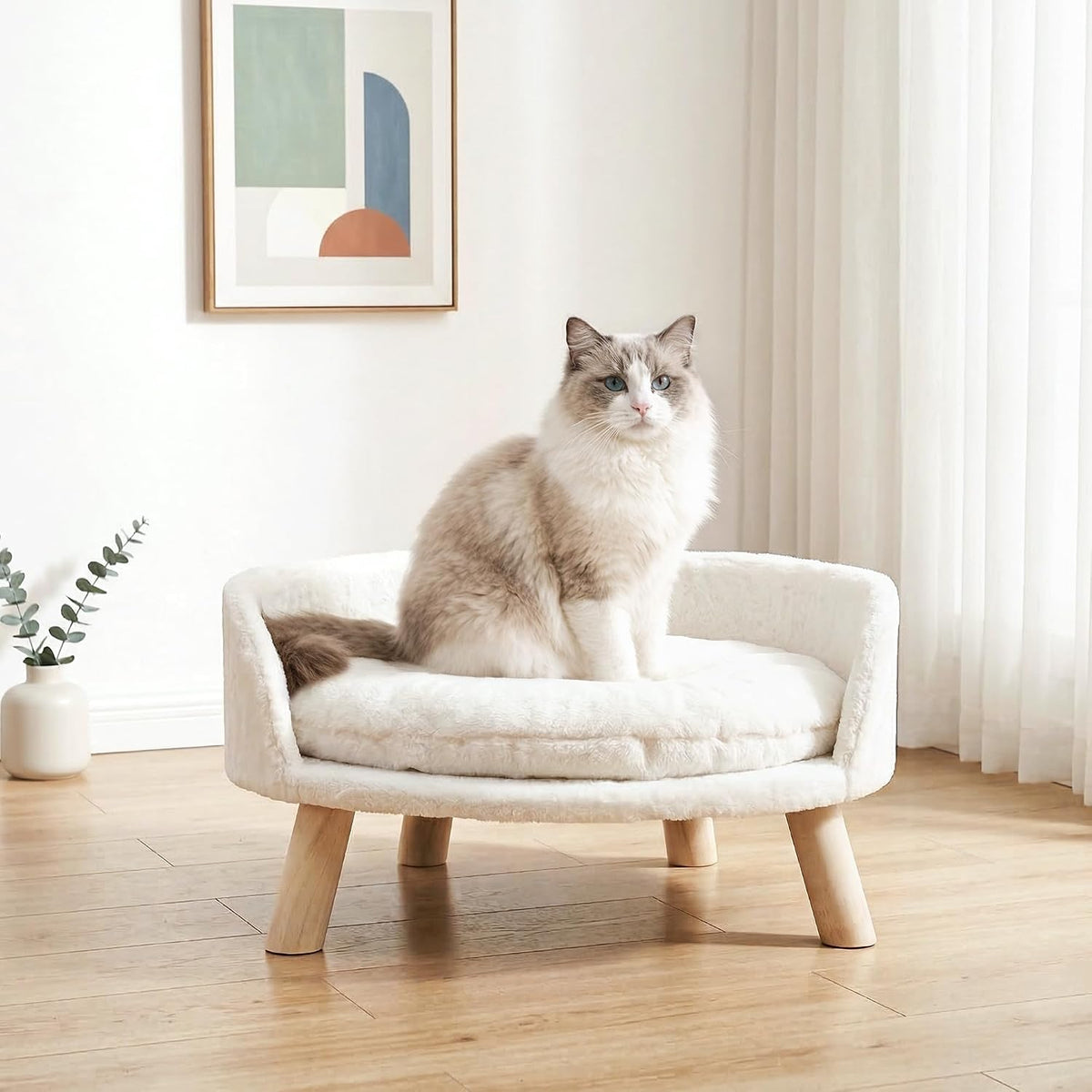 Happy & Polly Cat and Dog Sofa Bed, Cream, Plush, 21 in, Removable Cushion (Large)