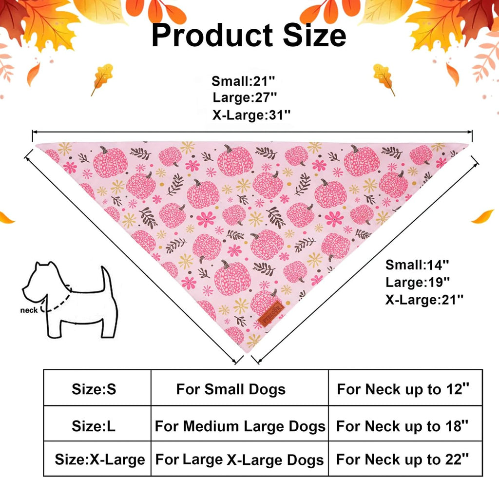 PTDECOR Pink Fall Dog Bandanas, Floral Pumpkin Fall Pet Scarf, Large