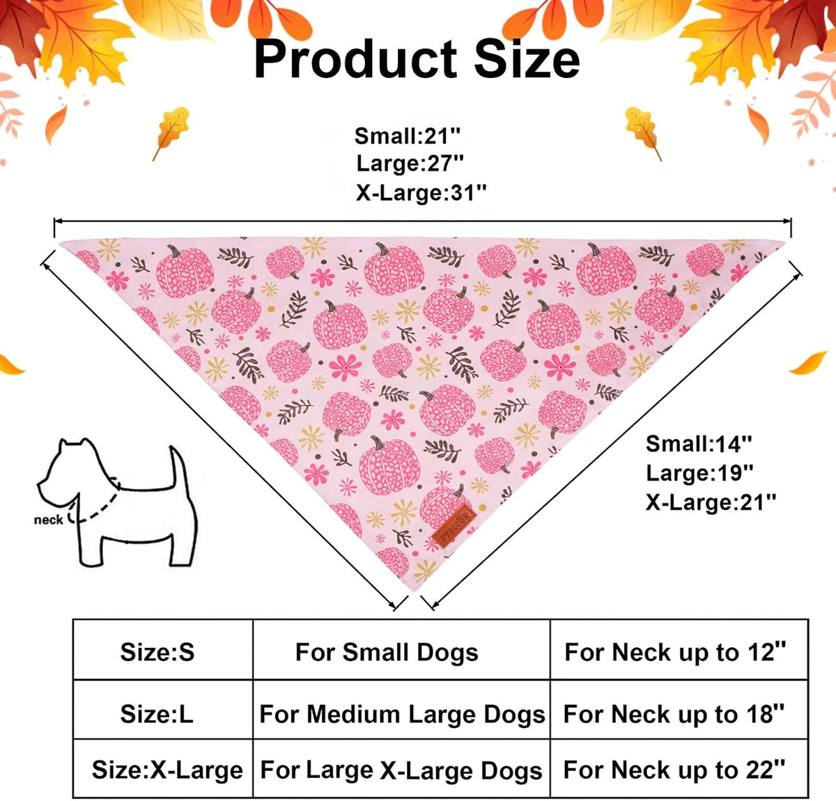 PTDECOR Pink Fall Dog Bandanas, Floral Pumpkin Fall Pet Scarf, Large