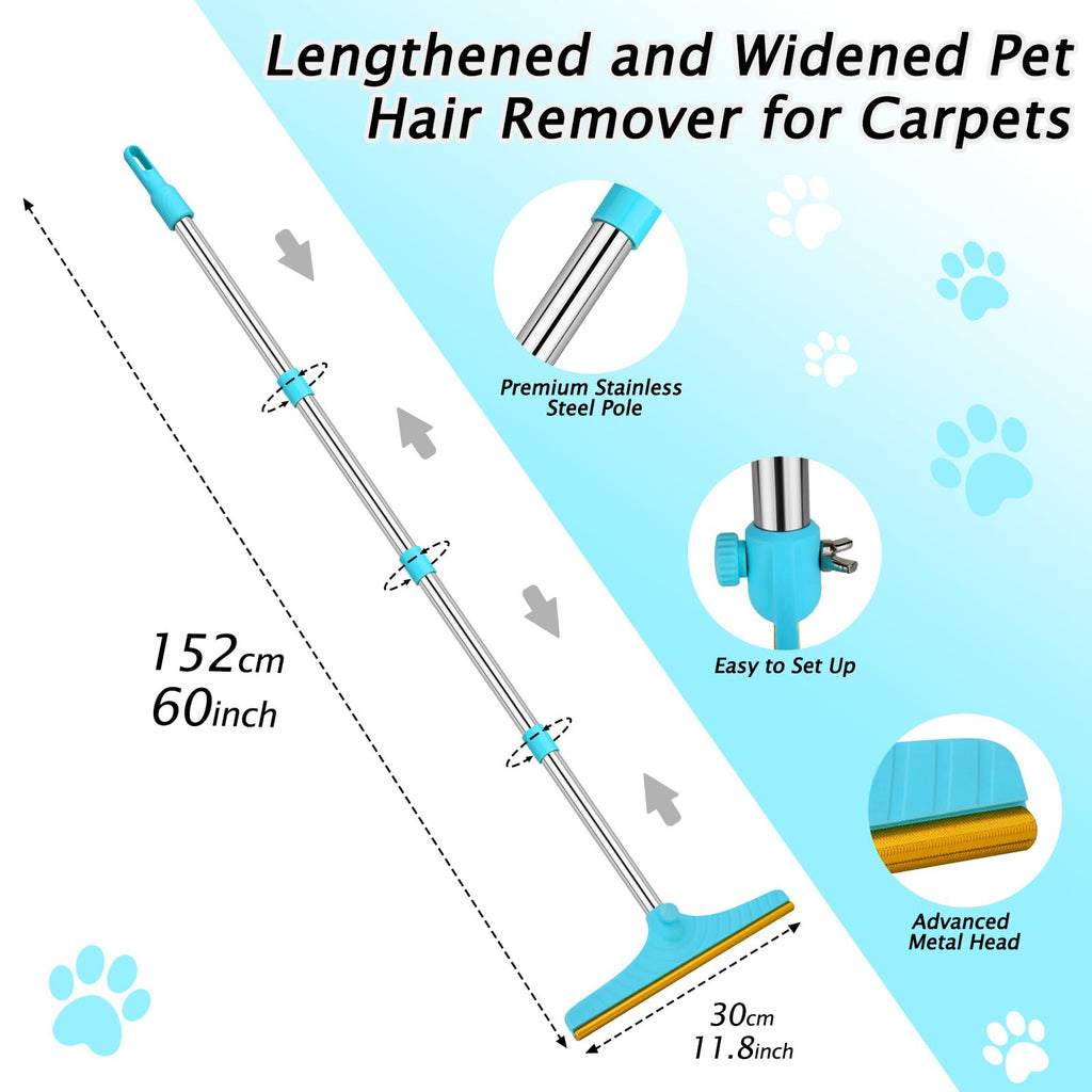 Eaersan Carpet Rake for Pet Hair Removal, Dog Cat Hair Remover 60'' Blue