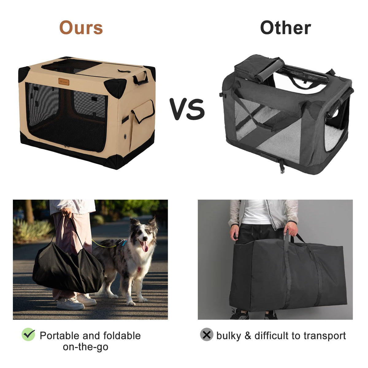 Garnpet 36 Inch Collapsible Soft Dog Crate for Large Dogs, 4-Door Foldable Travel Dog Kennel with Durable Mesh Windows for Indoor & Outdoor Portable Pet Crate, Soft Side Dog Crate, Beige