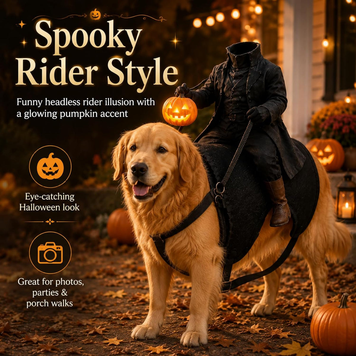Light-Up Headless Horseman Pet Costume Pumpkin Rider Harness