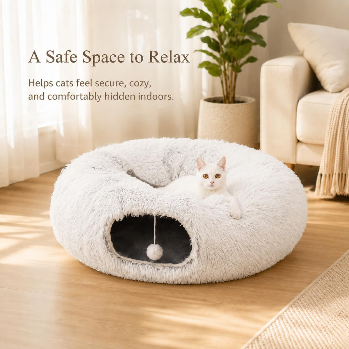 Fluffy Cat Tunnel Bed Under Christmas Tree, Plush Warm White