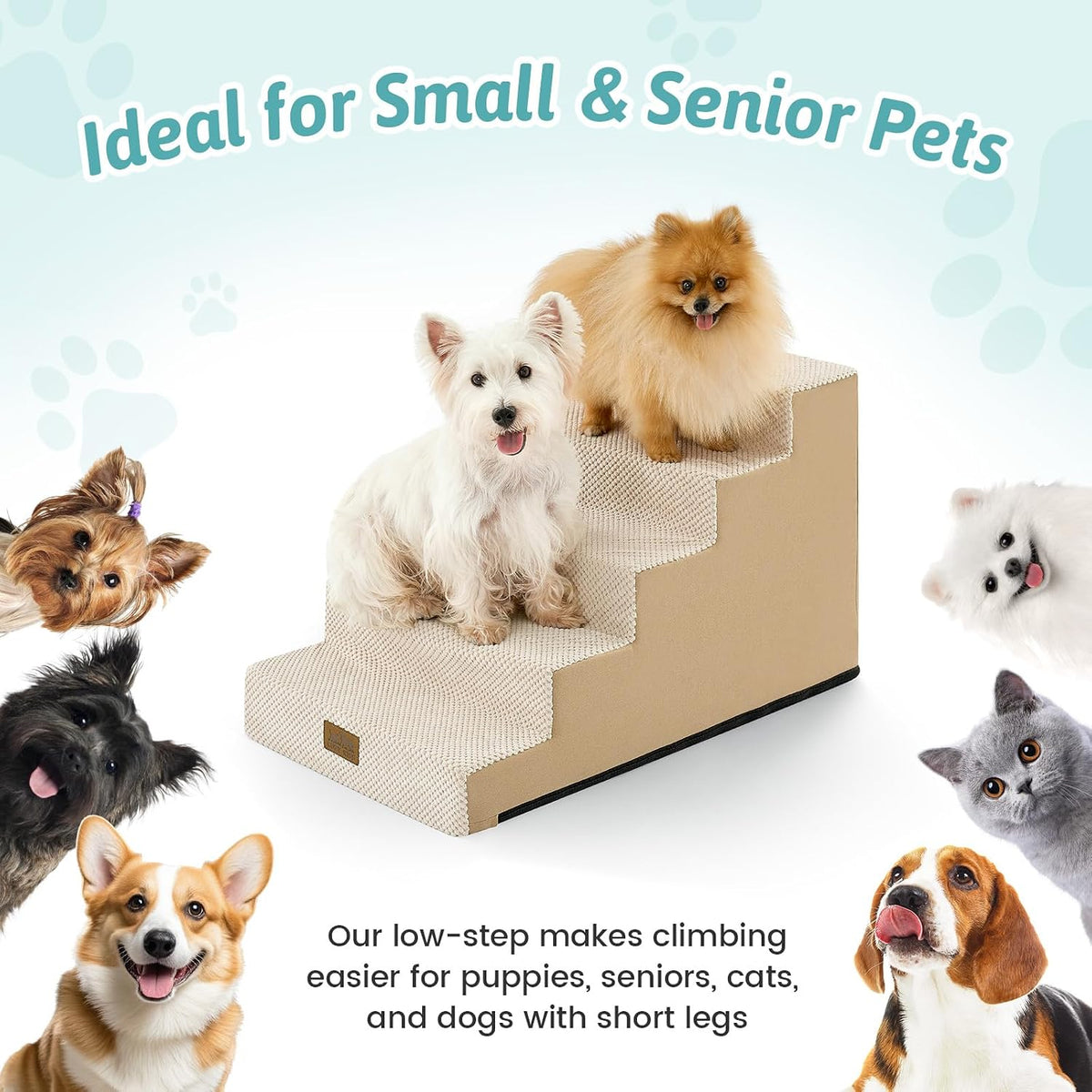 COZY KISS Dog Stairs for Small Dogs, 4 Step Pet Stairs for Beds & Couches