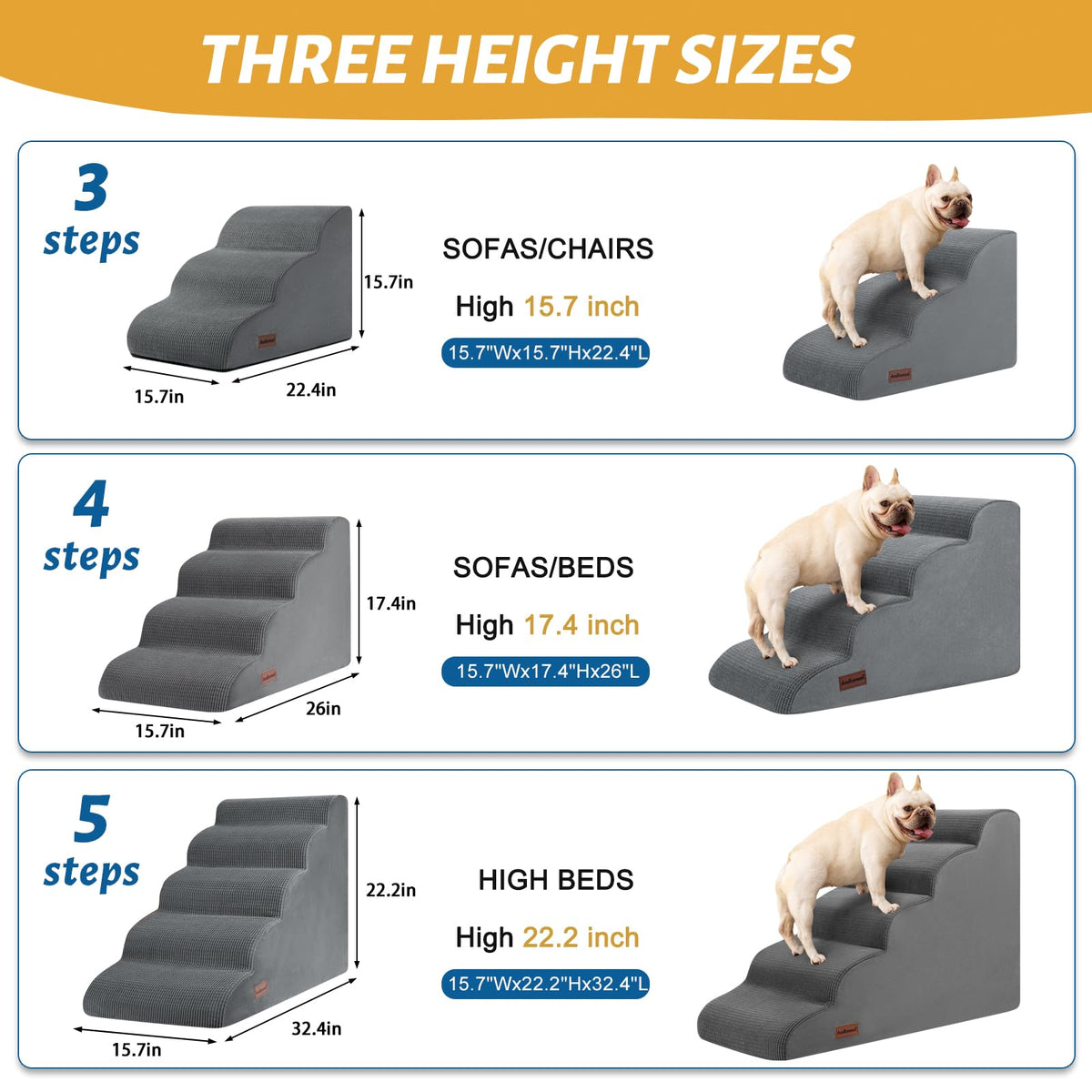 Aodisman Dog Stairs for Small Dogs and Cats,3-Step Pet Ramp for Bed & Couch