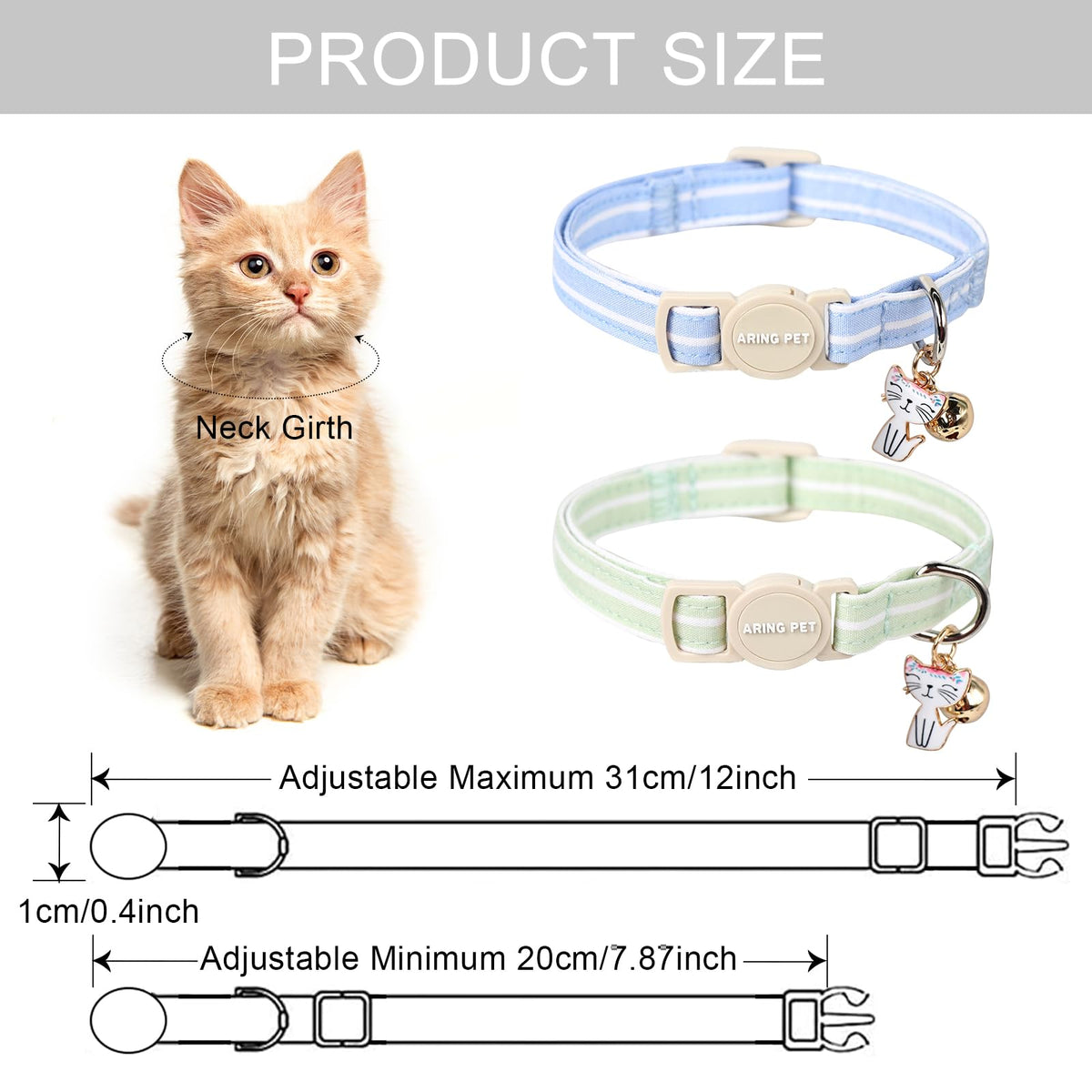 ARING PET 2 Pack Cat Collar-Cute Cotton Cat Collar Breakaway with Bell & Pendant, Adjustable Blue Green Striped Kitten Collars with Safety Buckle for Girl and Boy Pets