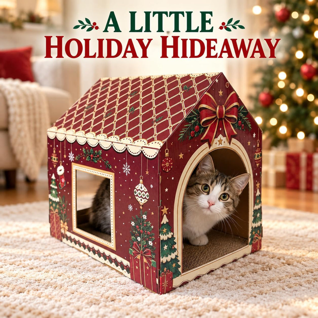 Christmas Cardboard Cat House: 2 Entrances, 2 Windows, Reversible Scratcher