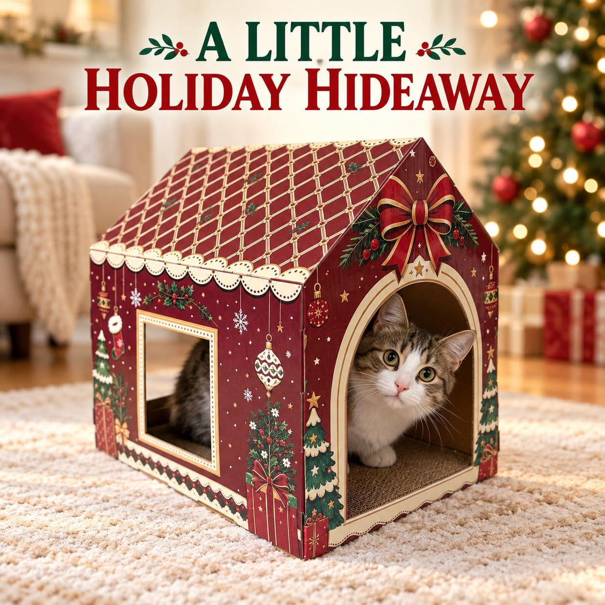 Christmas Cardboard Cat House: 2 Entrances, 2 Windows, Reversible Scratcher