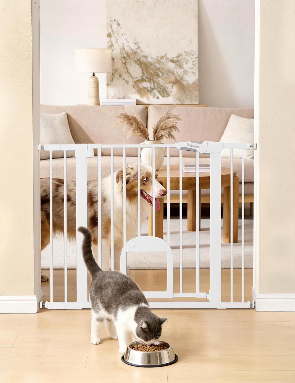 Babelio Dog Gate with Adjustable Cat Door, CatPrivilege III, 29-43", White