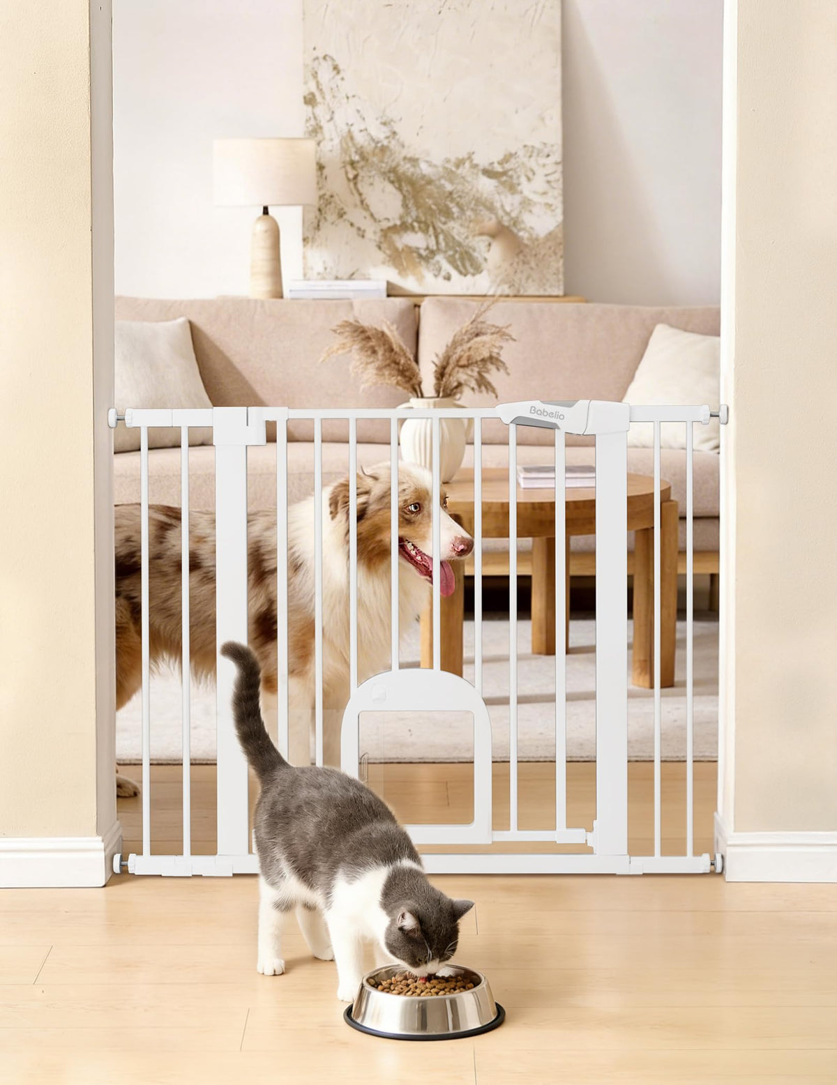 Babelio Dog Gate with Adjustable Cat Door, CatPrivilege III, 29-43", White