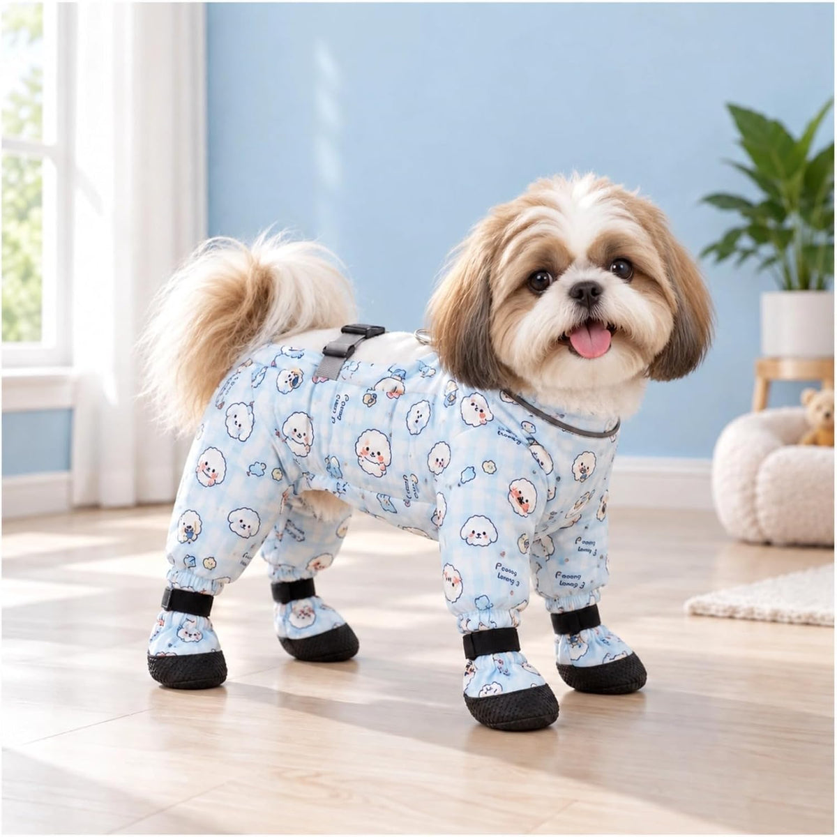 Dog Bodysuit with Shoes Dirtproof Onesie Anti-Slip Paw Protection (Blue,Medium)