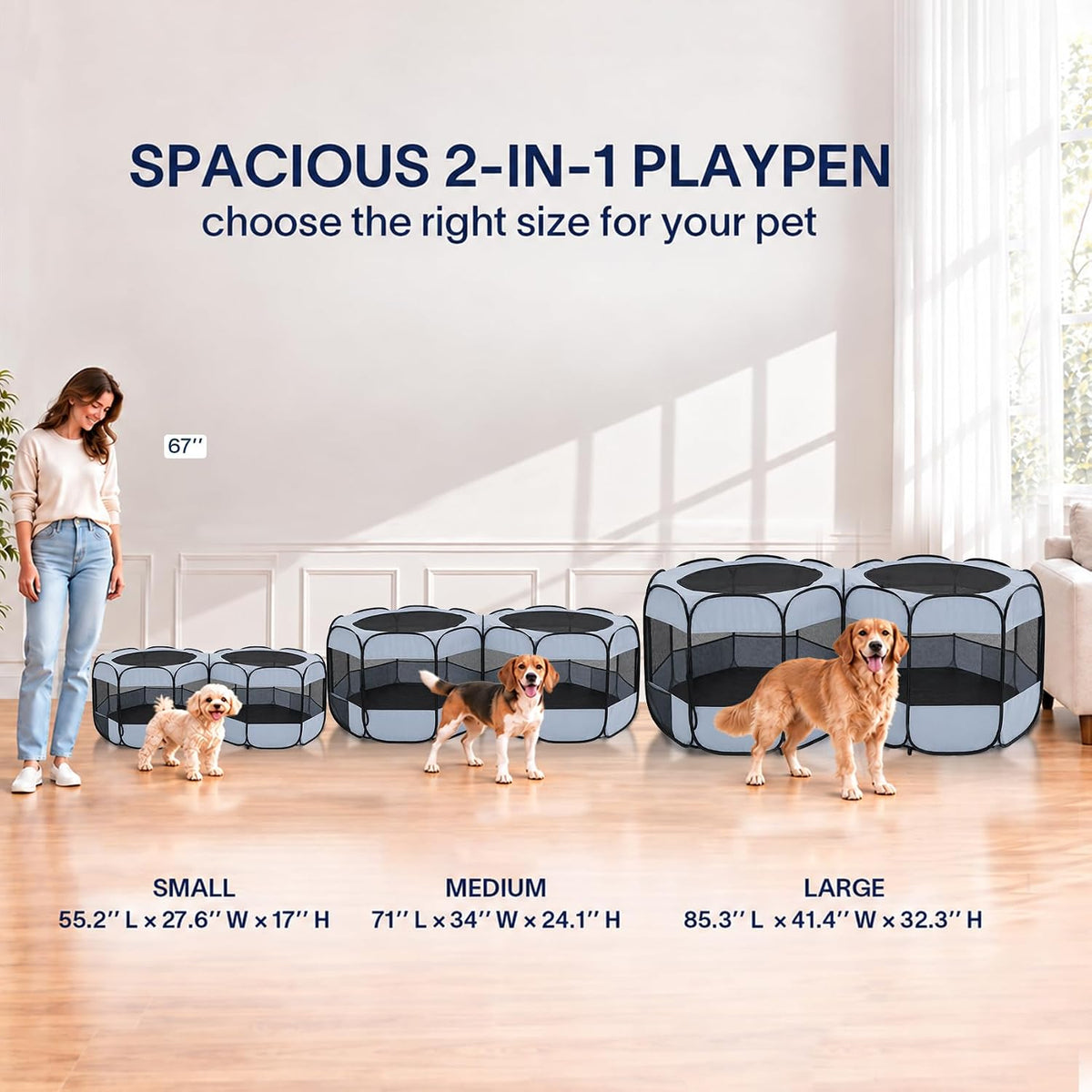 2-in-1 XLarge Cat Playpen, Detachable into 2 Separate Playpens with Additional 2 Doors, Portable Dog Playpen Cat Tent En