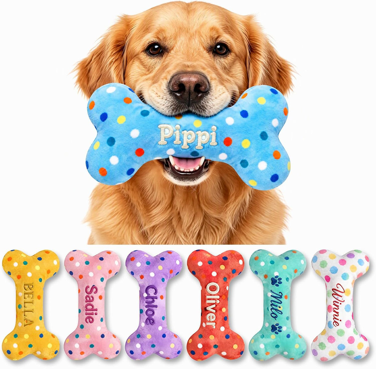 Personalized dog bone toy, embroidered pet name plush stuffed gift
