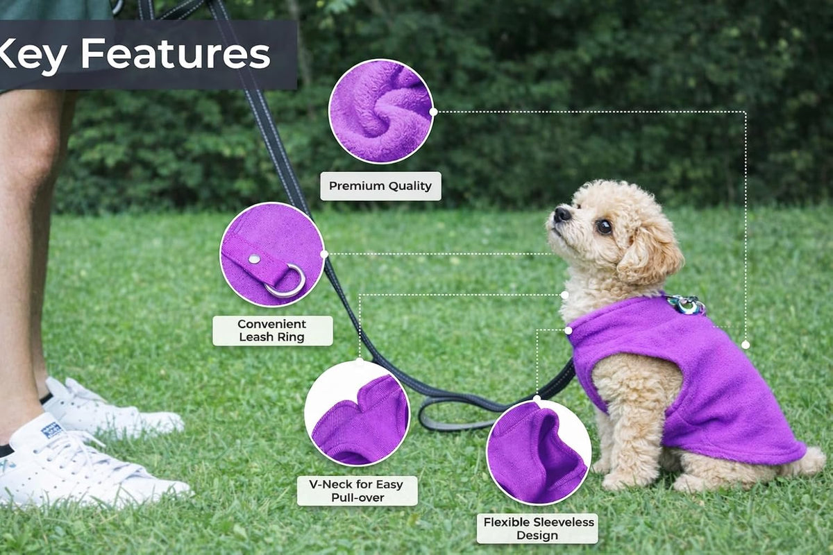 Dog Fleece Vest Sweater with Leash Ring, Purple Medium (6-10lbs)