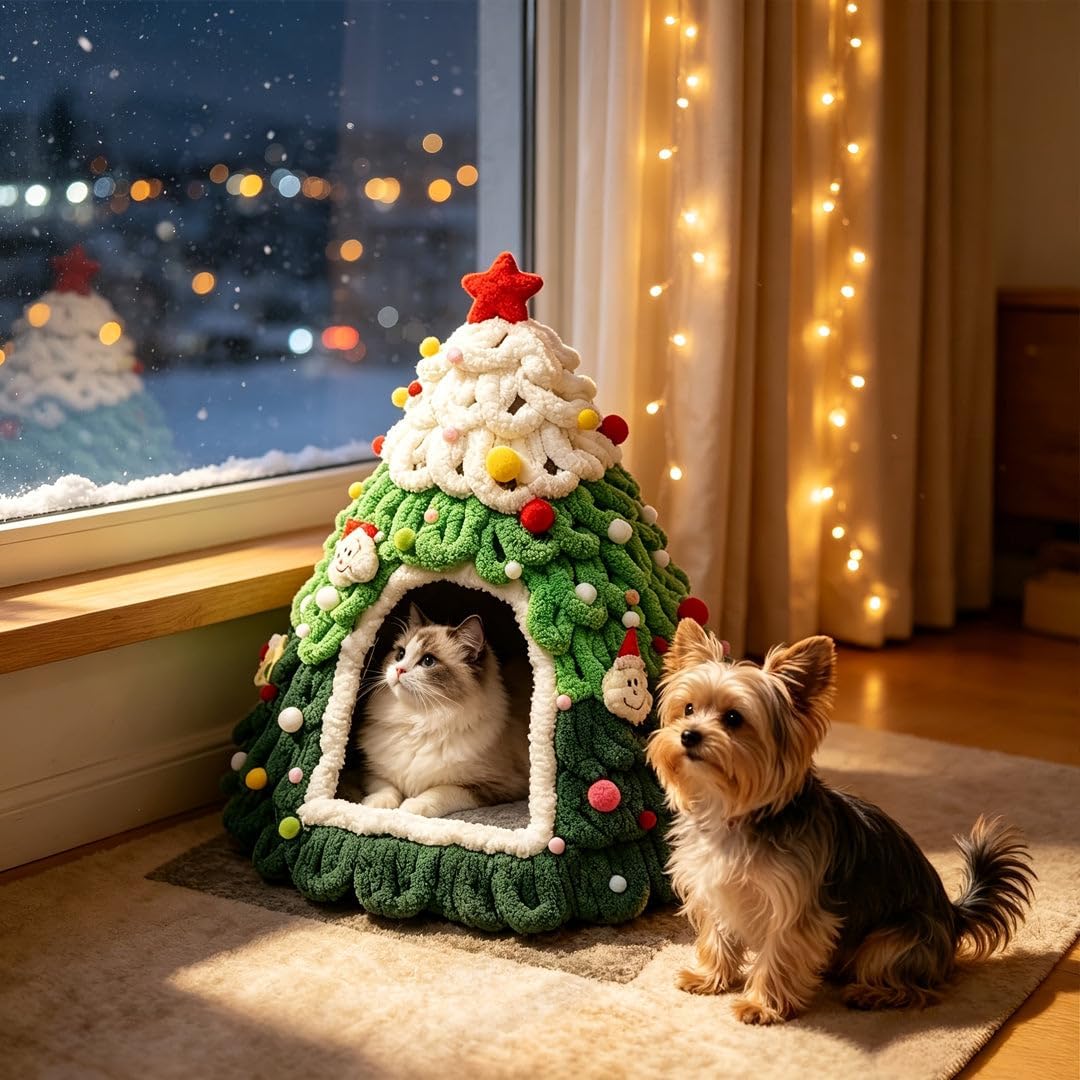 Christmas Tree Cat Bed, Cozy Holiday Cat Cave for Indoor Cats, 3D Christmas Cat House with Semi-Enclosed Hideaway, Folda