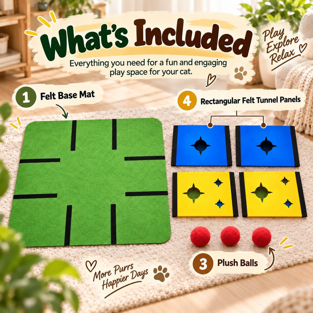 35.4" 4-Way Cat Tunnel for Indoor Cats, Colorful Felt Mat with Hidden Ball