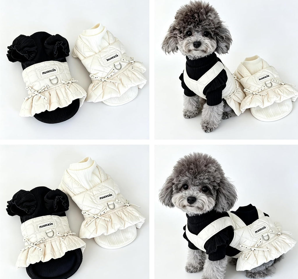 Nuanxin Small Dog Quilted Puffer Vest Dress Faux Two-Piece、Beige、X-Small
