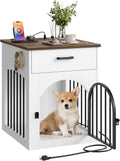 CHOEZON Dog Crate Furniture, Wooden Dog Kennel with Charging Station and Storage Drawer, Indoor Pet Crate End Table for 
