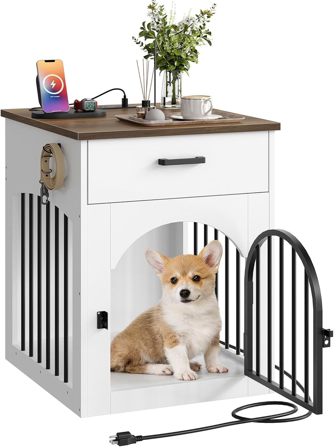 CHOEZON Dog Crate Furniture, Wooden Dog Kennel with Charging Station and Storage Drawer, Indoor Pet Crate End Table for 