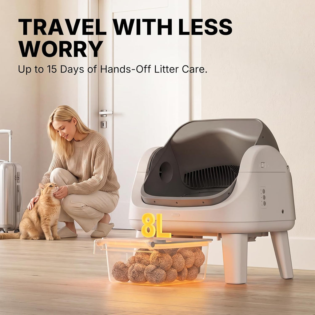 Automatic Cat Litter Box with Wide Open-Top & Easy-Access Step for Cats 3–17 lb, Self Cleaning Cat Litter Box with 8L Wa