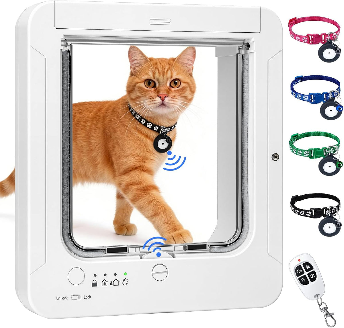Smart Cat Door with 4 Collar Sensor Key, RFID Cat Door Collar Activated with Remote Control, 4 Way Locking Cat Flap Auto