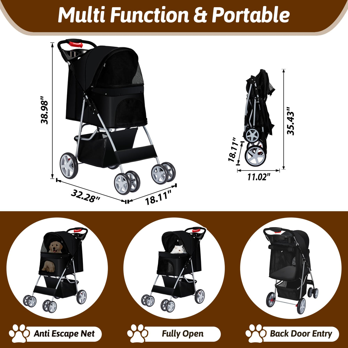 Azaeahom Foldable Pet Stroller 4 Wheels for Small Medium Dogs Cats,Black