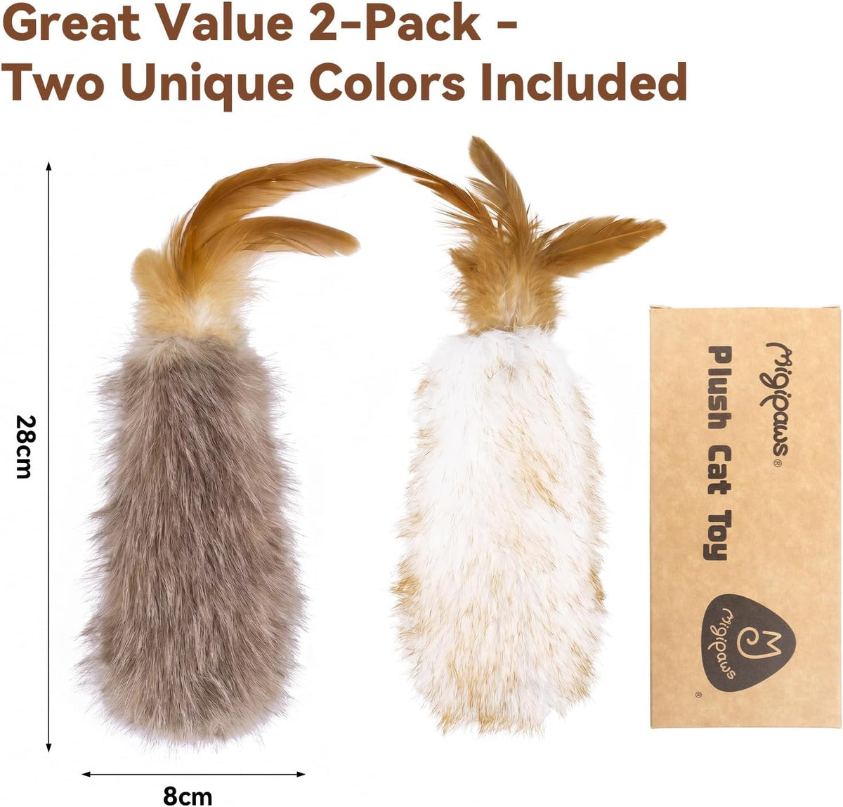Migipaws Plush Cat Toy Migi-Fluffy, 2-Pack, Natural Feather & Catnip, Soft Fluffy Tail & Interactive Hanging Ring for Wa