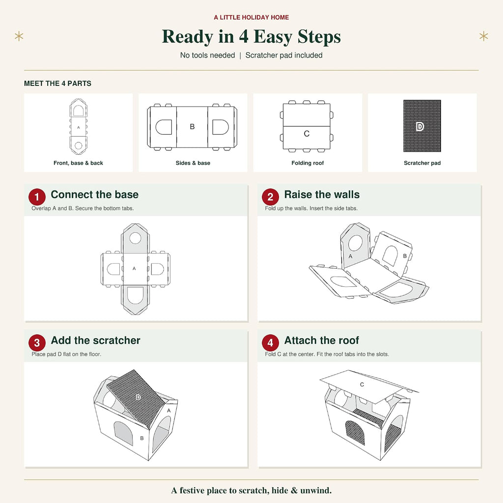 Christmas Cardboard Cat House: 2 Entrances, 2 Windows, Reversible Scratcher
