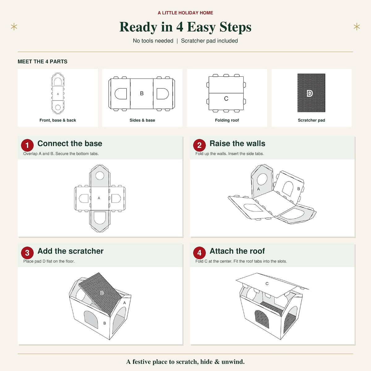 Christmas Cardboard Cat House: 2 Entrances, 2 Windows, Reversible Scratcher