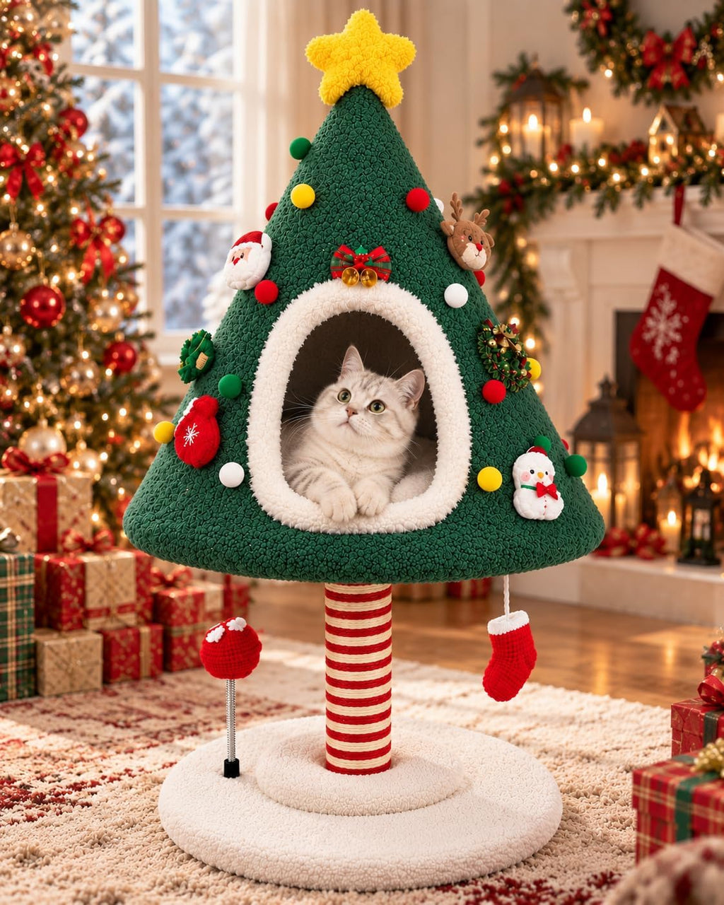 Cat Christmas Tree with Plush Cat Condo and Sisal Scratching Post
