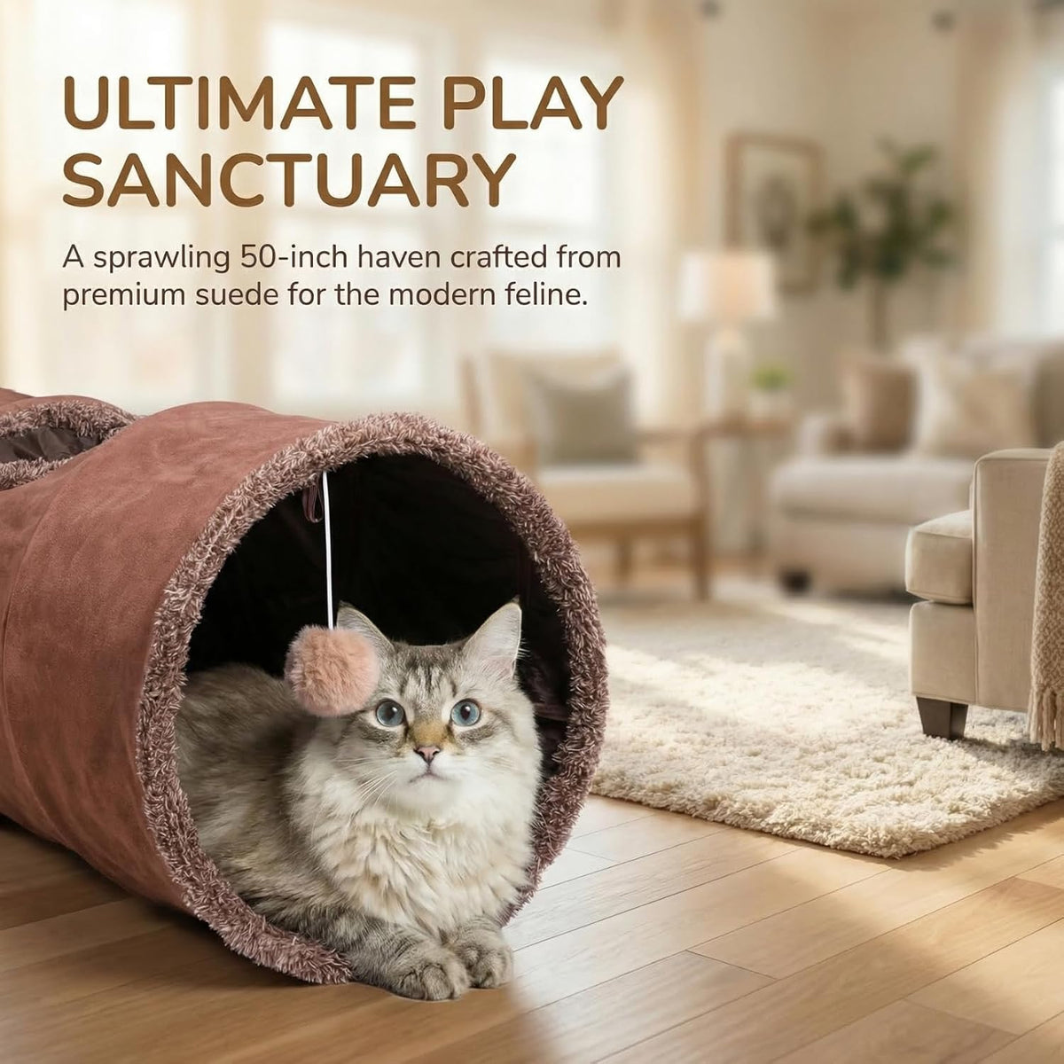 51"x 12" Collasiple Cat Play Tunnel, Cats Tubes and Tunnels, Cat Foldable Hide and Seek Tunnel Toy, Brown Suede Pet Tube