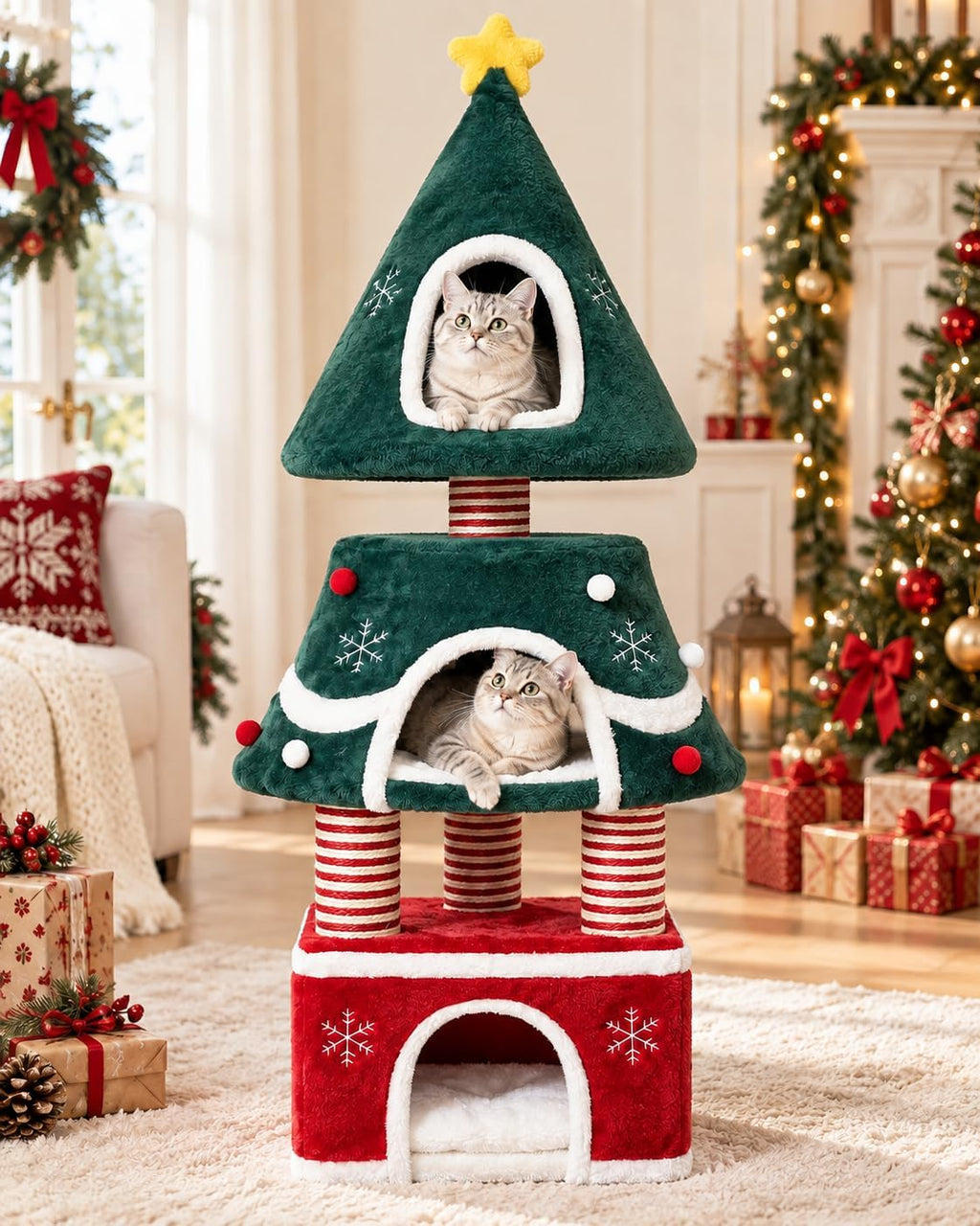 Cat Christmas Tree with Plush Cat Condo and Sisal Scratching Post